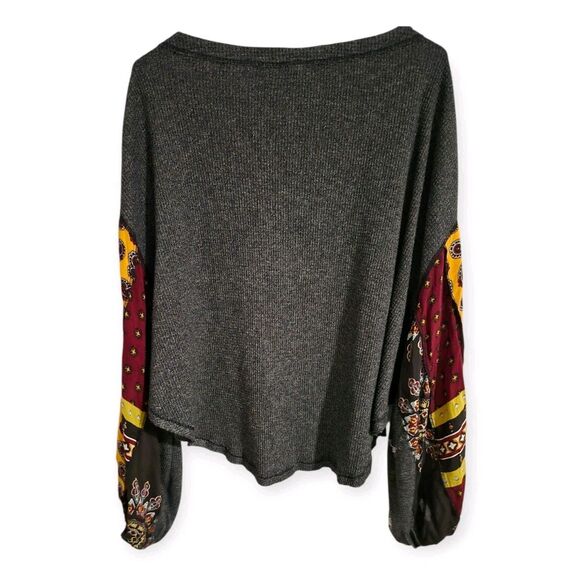 We The Free L Top Blossom Thermal Waffle Knit Puff Sleeves Patchwork Artsy Boho - Picture 2 of 9